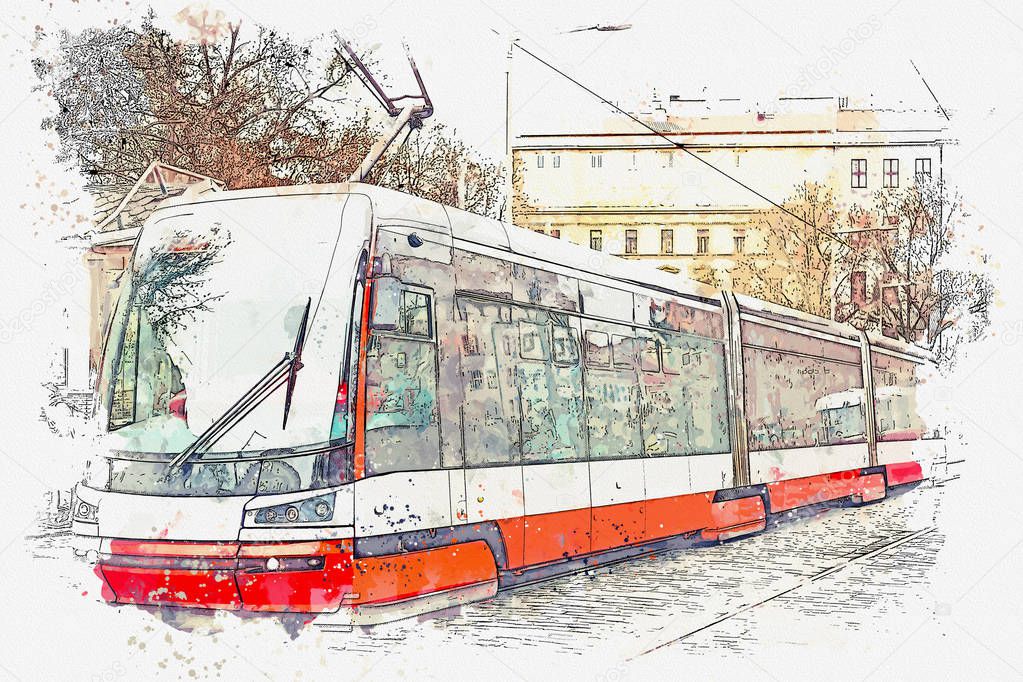 illustration of a tram moving along a street in Prague