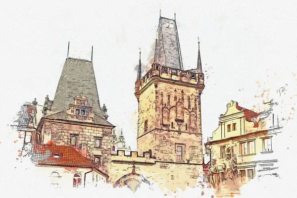Uma ilustração de uma torre e outros edifícios na entrada da Ponte Carlos em Praga . — Fotografia de Stock