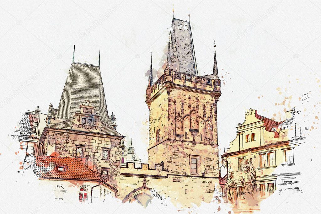 an illustration of a tower and other buildings at the entrance to the Charles Bridge in Prague.