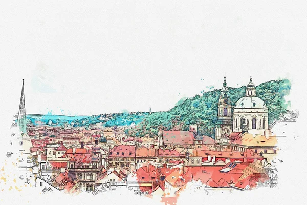 Illustrazione. Architettura antica tradizionale a Praga . — Foto Stock