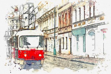 Prag'da bir geleneksel eski tramvay çizimi.