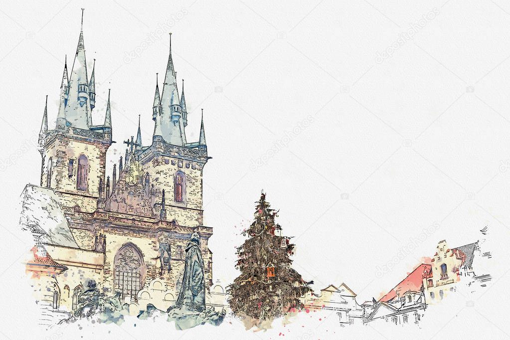 illustration. Decorated Christmas tree stands on the main square in Prague Next to it is a beautiful old temple