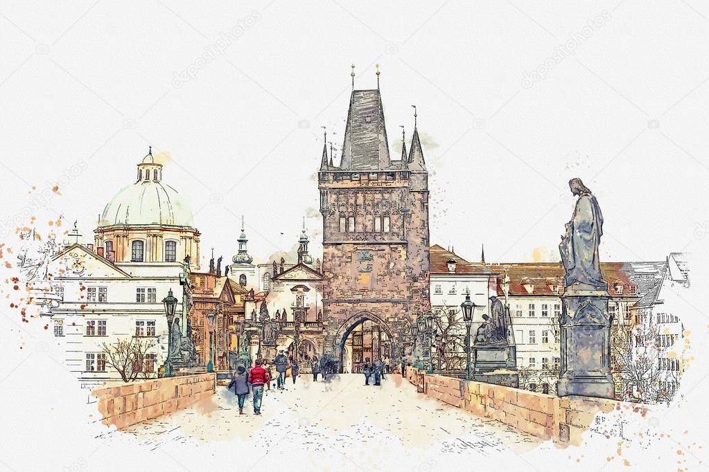 illustration Charles Bridge in Prague in the Czech Republic