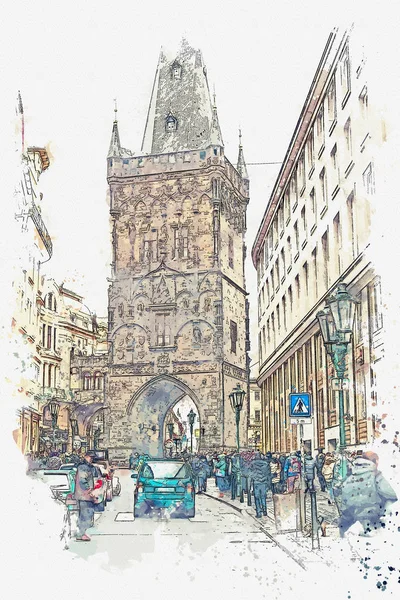 Llustration πύργο της πυρίτιδας ή την πύλη της πυρίτιδας στην Πράγα στην Τσεχική Δημοκρατία. — Φωτογραφία Αρχείου