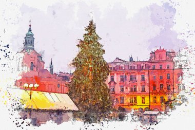 resimde. Prag ana meydanında dekore edilmiş Noel ağacı duruyor.