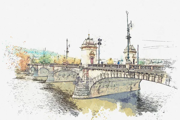 Ilustración Puente sobre el río Moldava en Praga — Foto de Stock