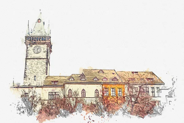 Illusztráció. Gyönyörű történelmi épületek, piros lapok, a tetőn és az Óratorony, a tér-Prága — Stock Fotó