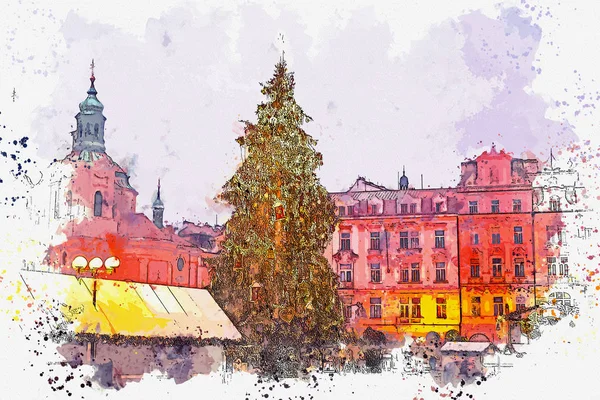 Ilustração. Árvore de Natal decorada fica na praça principal em Praga . — Fotografia de Stock