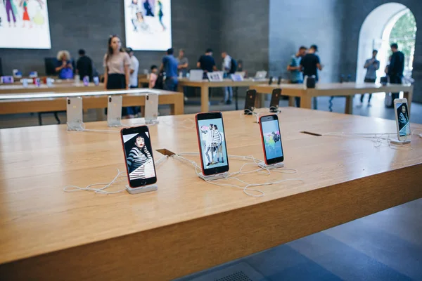The iPhone 8 and the iPhone SE are exhibited and sold in the official Apple store. — Stock Photo, Image