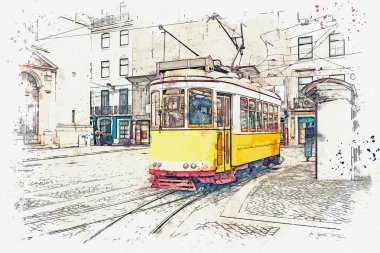 Lizbon geleneksel eski tramvay çizimi.