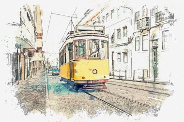 Lizbon geleneksel eski tramvay çizimi.