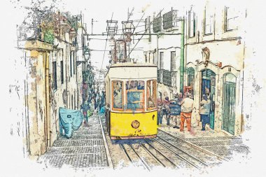 Lizbon geleneksel eski tramvay çizimi.