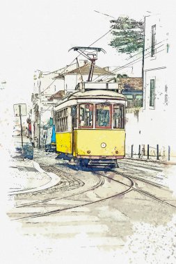 Lizbon geleneksel eski tramvay çizimi.