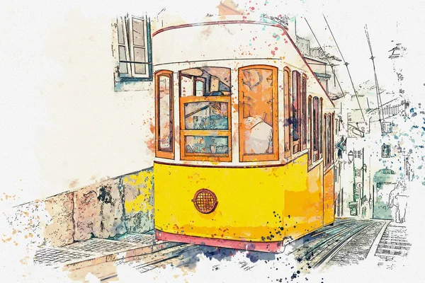 Lizbon geleneksel eski tramvay çizimi. — Stok fotoğraf
