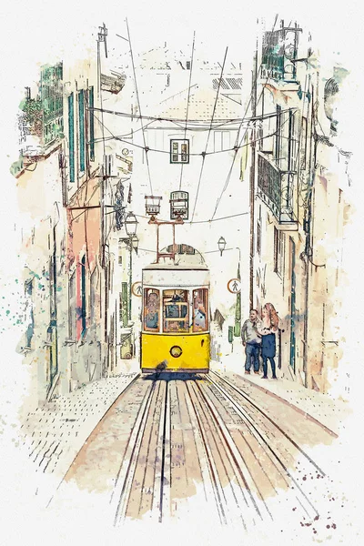 Lizbon geleneksel eski tramvay çizimi.