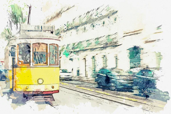 Illustration av en traditionell gammal spårvagn i Lissabon. — Stockfoto