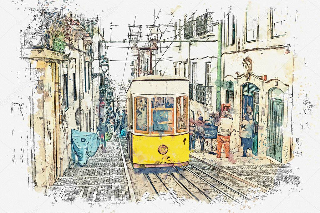illustration of a traditional old tram in Lisbon.