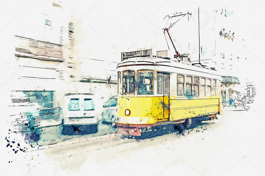 illustration of a traditional old tram in Lisbon.