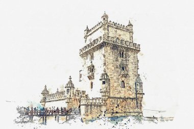 resimde. Torre de Belem veya Belem Kulesi Lizbon konumlar biridir.