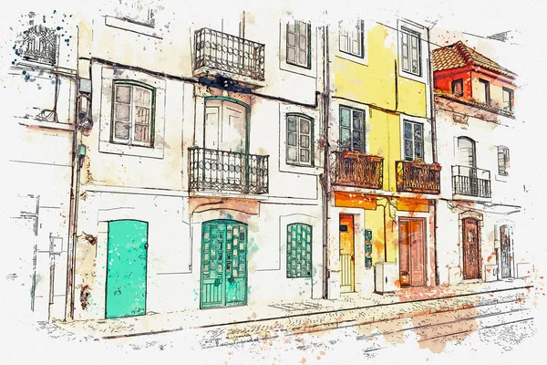 Ilustração. Belas casas antigas na rua em Lisboa em Portugal . — Fotografia de Stock