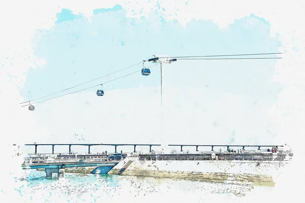 イラスト ケーブルカーやロープウェイ 湾や川やポルトガルのリスボンのチャネルによって公共交通機関 — ストック写真