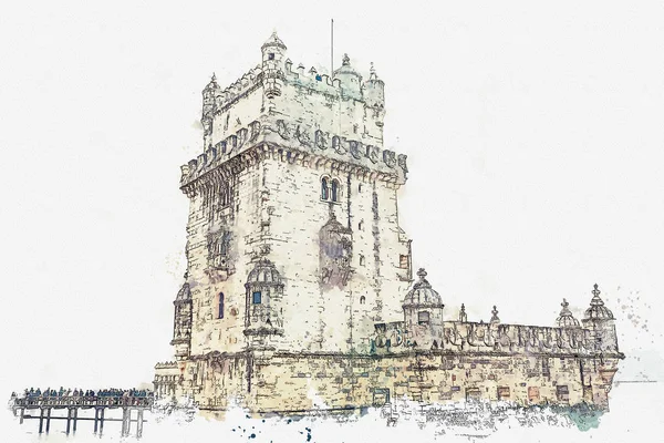 Ilustrace. Torre de Belém nebo Belémská věž je jednou z atrakcí v Lisabonu. — Stock fotografie