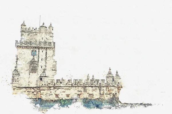Ilustração. Torre de Belém ou a Torre de Belém é uma das atrações de Lisboa . — Fotografia de Stock