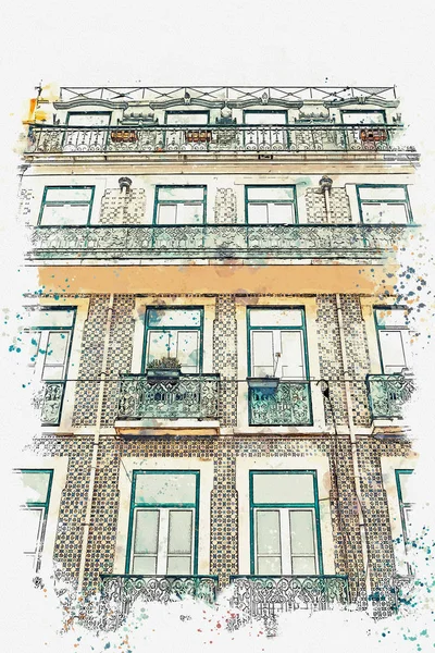 Ilustração. Belas casas antigas na rua em Lisboa em Portugal . — Fotografia de Stock