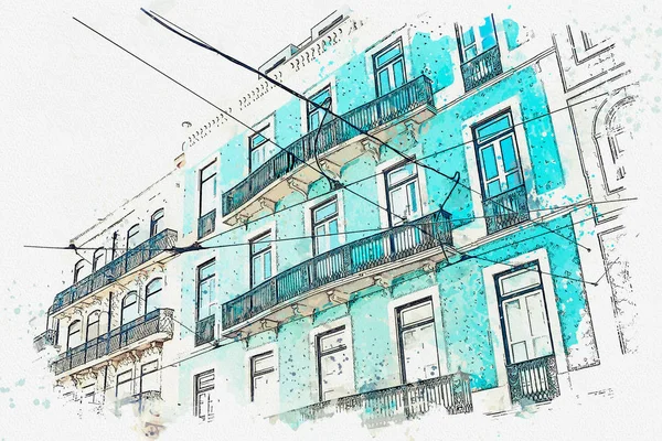 插图。葡萄牙里斯本大街上美丽的老房子. — 图库照片