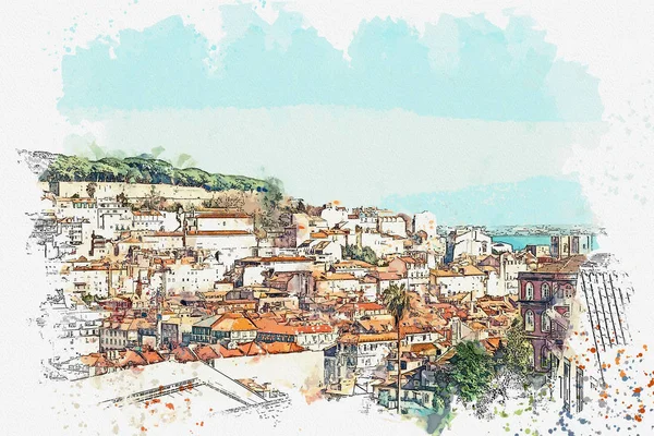 illustration Beautiful panoramic view of Lisbon in Portugal.