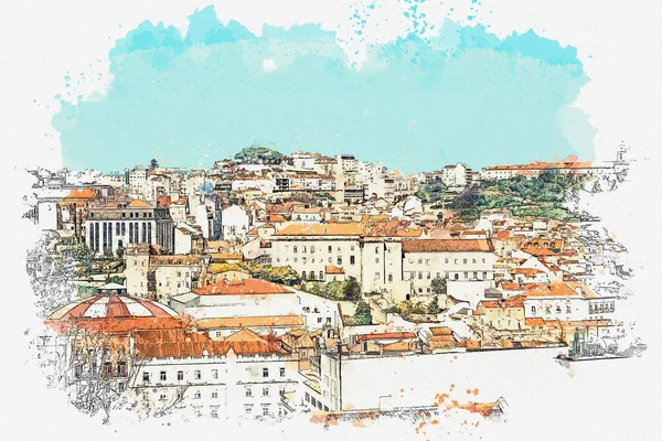 Ilustracja Piękny Panoramiczny Widok Lizbony Portugalii Tradycyjne Architektury Europejskiej — Zdjęcie stockowe