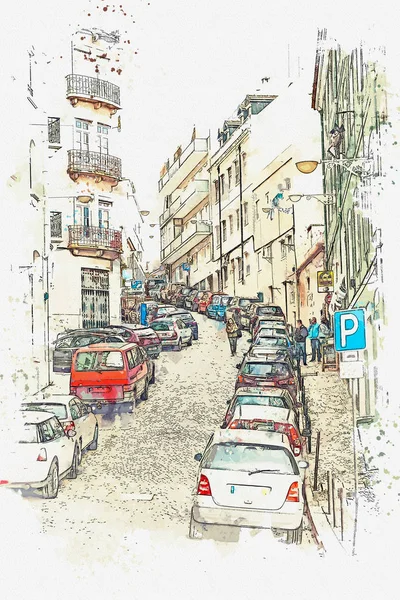 Ilustracja tradycyjny street w Lizbonie w Portugalii — Zdjęcie stockowe