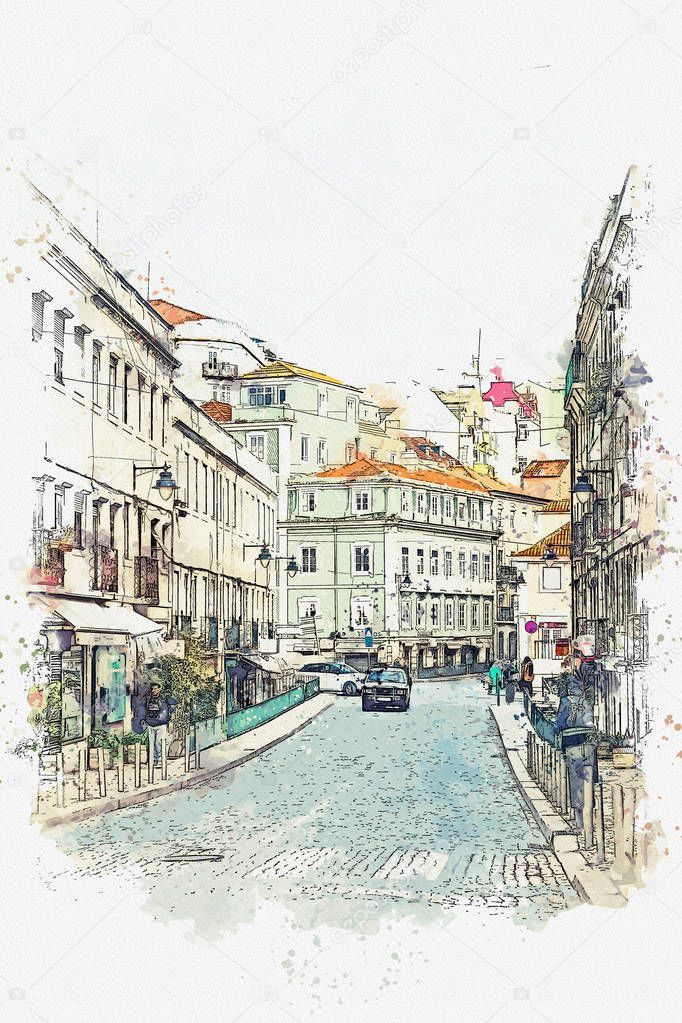 illustration Traditional street in Lisbon in Portugal