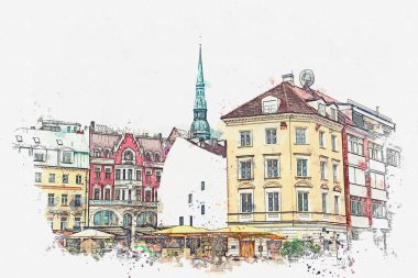 Suluboya bir kroki ya da Riga mimarisinin güzel bir manzara bir çizimi.