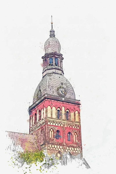 Schizzo ad acquerello o illustrazione della Cattedrale della Cupola a Riga in Lettonia . — Foto Stock