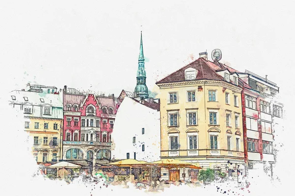 Suluboya bir kroki ya da Riga mimarisinin güzel bir manzara bir çizimi.