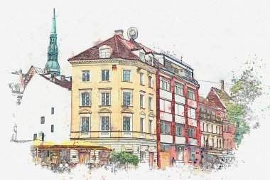 Suluboya bir kroki ya da Riga mimarisinin güzel bir manzara bir çizimi.