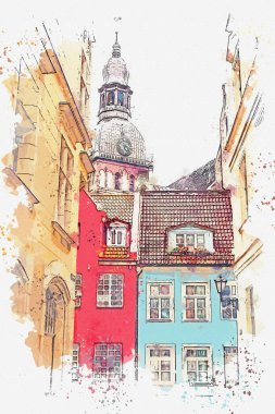 Suluboya bir kroki ya da Riga mimarisinin güzel bir manzara bir çizimi.