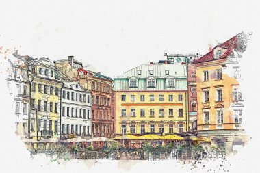 Suluboya bir kroki ya da Riga mimarisinin güzel bir manzara bir çizimi.