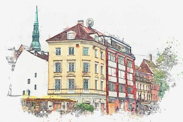 En akvarell skiss eller en illustration av en vacker utsikt över arkitekturen i Riga. — Stockfoto