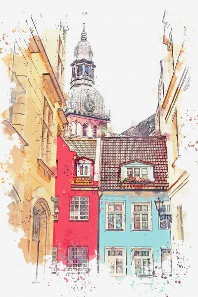 Um esboço aquarela ou uma ilustração de uma bela vista da arquitetura de Riga . — Fotografia de Stock