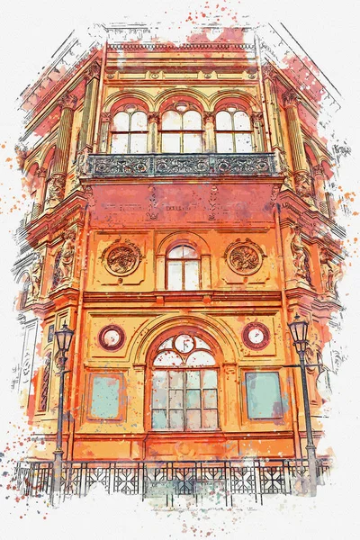 Eine aquarellierte Skizze oder eine Illustration einer schönen Ansicht der Architektur der Riga — Stockfoto
