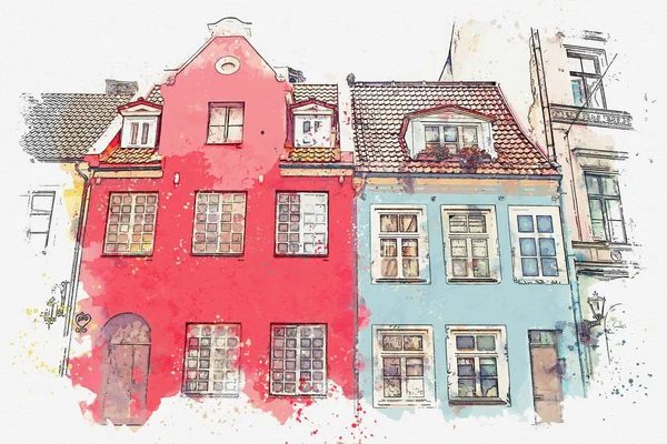 Um esboço aquarela ou uma ilustração de uma bela vista da arquitetura de Riga . — Fotografia de Stock