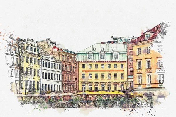 Μια ακουαρέλα σκίτσο ή μια εικόνα του μια όμορφη θέα της αρχιτεκτονικής της Ρίγα. — Φωτογραφία Αρχείου