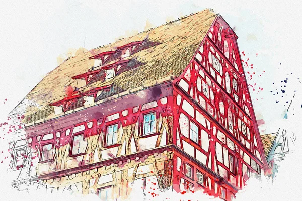 Une aquarelle ou une illustration de l'architecture bavaroise traditionnelle en Allemagne — Photo