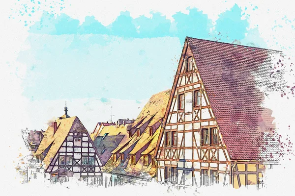 A watercolor sketch or an illustration of traditional Bavarian architecture in Germany — Stock Photo, Image