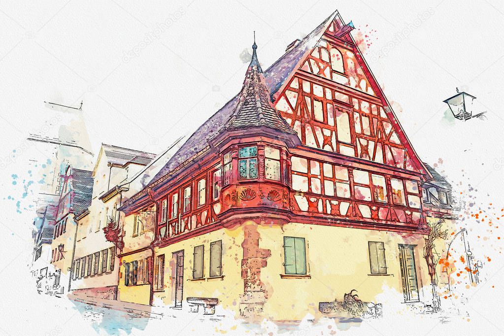 A watercolor sketch or an illustration of traditional Bavarian architecture in Germany