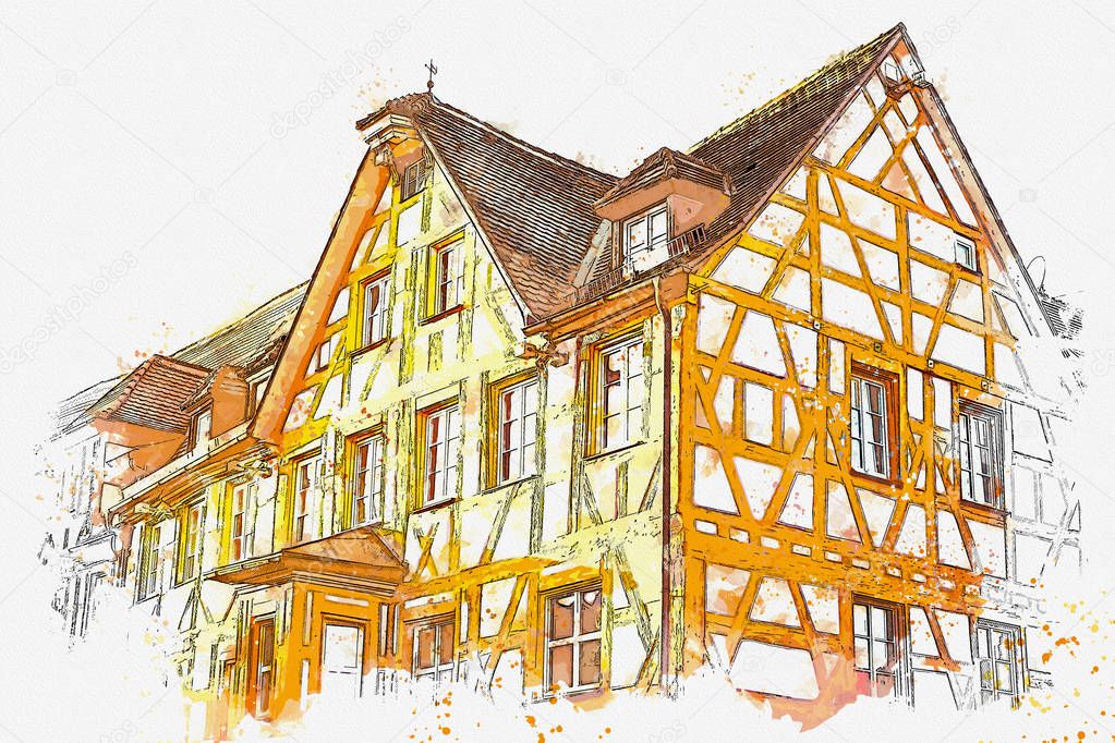 A watercolor sketch or an illustration of traditional Bavarian architecture in Germany