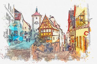 Bir suluboya kroki veya Rothenburg ob der Tauber Almanya'da güzel bir sokakta çizimi