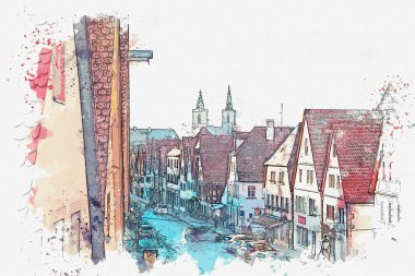 Bir suluboya kroki veya Rothenburg ob der Tauber Almanya'da güzel bir sokakta çizimi.